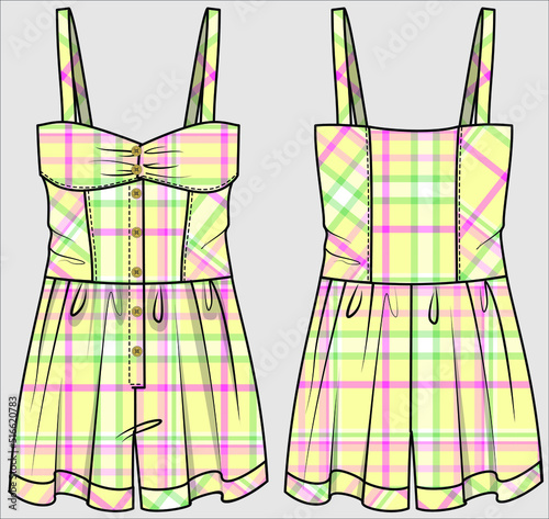 CHECKERED SUMMER PLAYSUIT FOR WOMEN  WITH SKORT IN EDITABLE VECTOR FILE