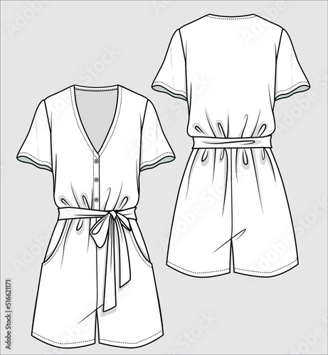 WOMEN PLAYSUIT WITH CENTRE FRONT OPENING IN VECTOR FILE