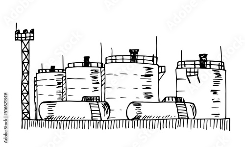 Simple hand drawn black outline vector drawing. Oil storage, liquid fuel tanks. Petrochemical industry. Sketch in ink.