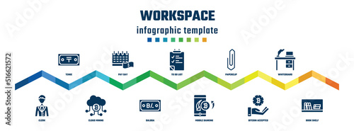 workspace concept infographic design template. included tenge, clerk, pay day, cloud mining, to do list, balboa, paperclip, mobile banking, whiteboard, book shelf icons.