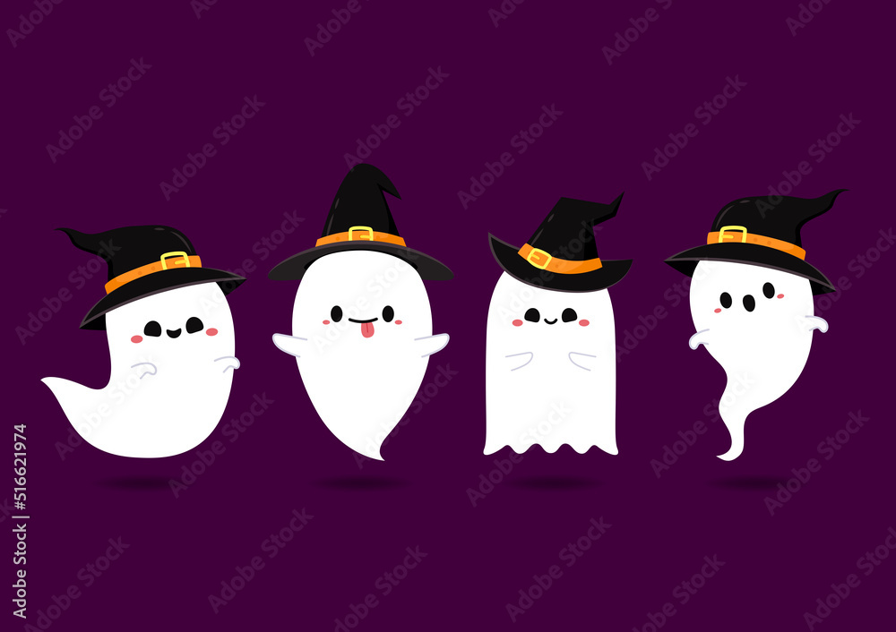 Fototapeta premium Happy halloween party greeting card with cute ghost. Holidays cartoon character. Cute ghost cartoon set.