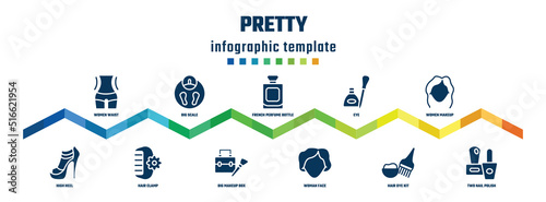 pretty concept infographic design template. included women waist, high heel, big scale, hair clamp, french perfume bottle, big makeup box, eye, woman face, women makeup, two nail polish icons.