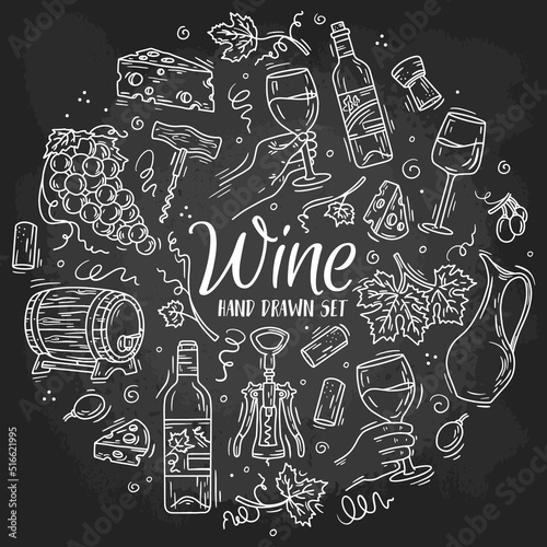 Wine and cheese vector circle hand drawn chalk set on the blackboard in Doodle sketch style. Linear icons for the menu of glasses, barrel, grapes and bottles.