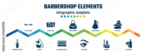 barbershop elements concept infographic design template. included two eyelashes, lipstick with cover, makeup purse, parfum, women handbag, eye shadow pallette, french perfume, eye make up, spa