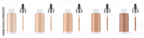 Set of foundation bottles with pipette. Dropper. Glass container. Beige liquid. BB cream. Vector mockup 