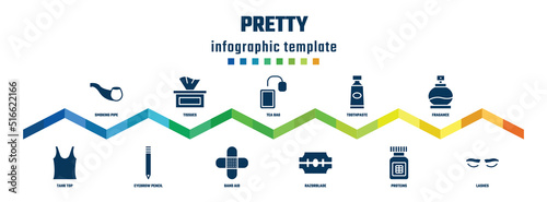 pretty concept infographic design template. included smoking pipe, tank top, tissues, eyebrow pencil, tea bag, band aid, toothpaste, razorblade, fragance, lashes icons.