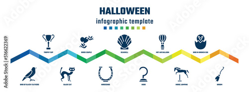 halloween concept infographic design template. included trophy cup, bird of black feathers, birds couple, black cat, seashell, horseshoe, hot air balloon, hook, bird in broken egg, broom icons.