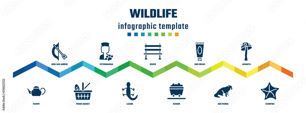 wildlife concept infographic design template. included bow and arrow, teapot, veterinarian, picnic basket, bench, lizard, sun cream, wagon, amanita, starfish icons. wildlife concept infographic design template. included bow and arrow, teapot, veterinarian, picnic basket, bench, lizard, sun cream, wagon, amanita, starfish icons.