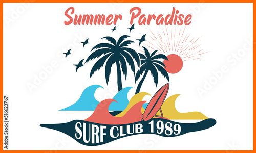 Fototapeta Naklejka Na Ścianę i Meble -  Summertime Surf Club 1989 Pulms Beach Design.