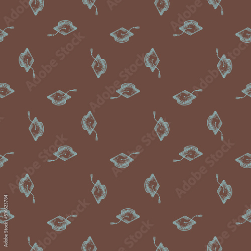 Graduate hats engraved seamless pattern. Vintage element education in hand drawn style.