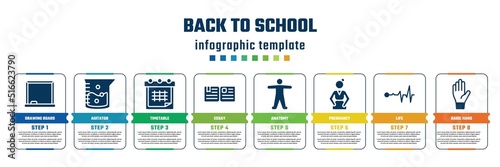back to school concept infographic design template. included drawing board, agitator, timetable, essay, anatomy, pregnancy, life, raise hand icons and 8 steps or options.