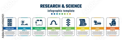 research & science concept infographic design template. included basketball court, wise, electrical circuit, omega, hopscotch, passed, studies, medicines icons and 8 steps or options.