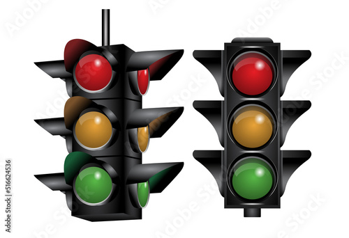realistic traffict light isolated on white 

background. red light with yellow and green light. street traffic sign.
