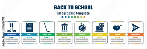 back to school concept infographic design template. included golf equipment, scores, hockey stick, pillars, automatic, elearning, treason, paper airplane icons and 8 steps or options.