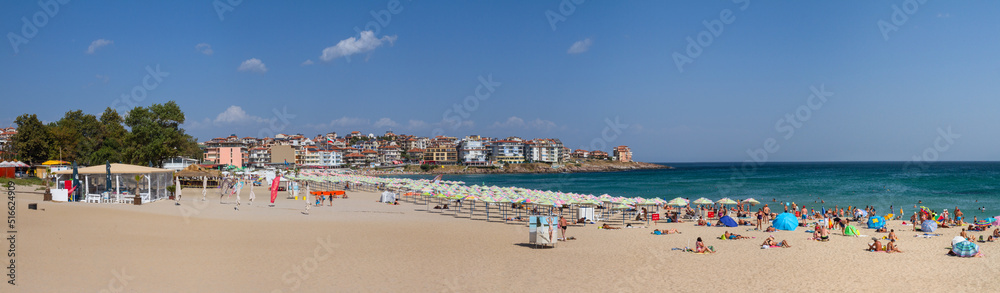 Seaside landscape, panorama, banner - view of city beach in the town of Sozopol on the Black Sea coast in Bulgaria, September 15, 2017