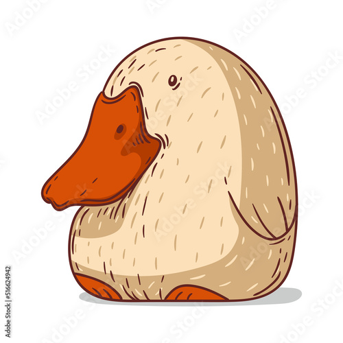 A Fat Goose, isolated vector illustration. Poultry. Cute cartoon picture of a calm goose chick sitting. A funny rotund bird sticker. Simple drawing of a chubby duck on white background. A farm animal.