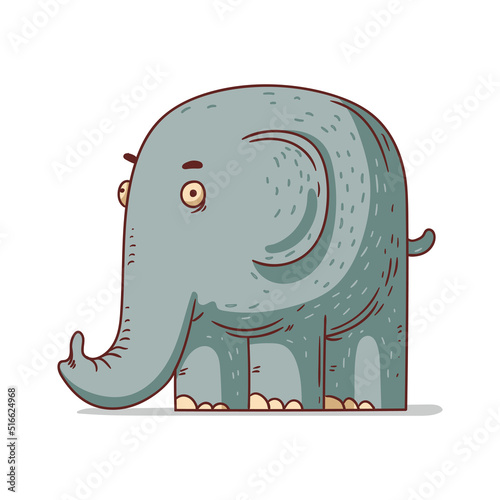 An Elephant, isolated vector illustration. Cute cartoon picture of a baby elephant. An elephant sticker. Simple drawing for kids of an elephant on white background. Savanna animal. An African animal.