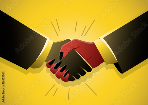 Businessman and devil handshake. Deal monetary partnership with evil businessman