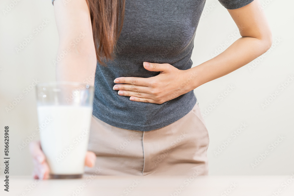 Pain, Allergy asian young woman, girl hand in belly suffer after drink