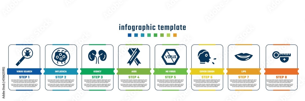 concept infographic design template. included virus search, influenza, kidney, aids, no virus, cover cough, lips, icons and 8 steps or concept infographic design template. included virus search, influenza, kidney, aids, no virus, cover cough, lips, icons and 8 steps or
