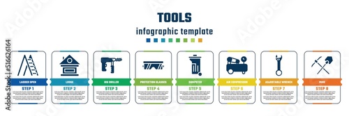 tools concept infographic design template. included ladder open, lodge, big driller, protection glasses, dumpster, air compressor, adjustable wrench, mine icons and 8 steps or options.
