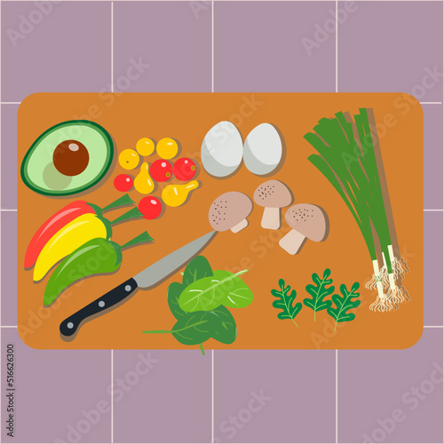 Set of vegetables on a cutting board. Avocado, tomatoes, peppers, eggs, mushrooms, onions, spinach. Vector flat illustration.
