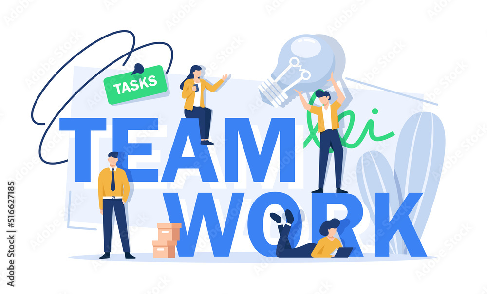 Teamwork concept with coworking and office work symbols flat vector illustration Teamwork concept with coworking and office work symbols flat vector illustration