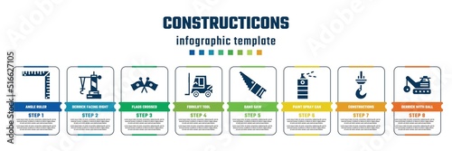 constructicons concept infographic design template. included angle ruler, derrick facing right, flags crossed, forklift tool, band saw, paint spray can, constructions, derrick with ball icons and 8