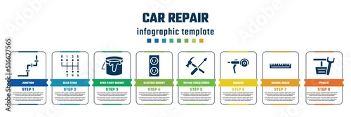 car repair concept infographic design template. included junction, gear stick, open paint bucket, electric socket, repair tools cross, grinder, school ruler, pedals icons and 8 steps or options.