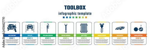 toolbox concept infographic design template. included car painting, car lift, stillson wrench, repair wrench, air filter, garage screw, headlights, open compass icons and 8 steps or options.