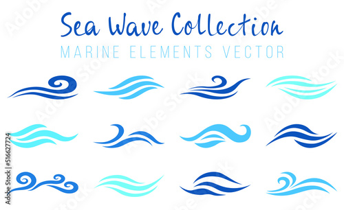 Sea wave collection. Marine surf pool elements vector. Ocean wave icon set. Sea wave surfing logo design. Fluid water motion, blue flowing wavy elements. Sailing teal emblems. Water stream concept.