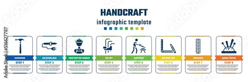 handcraft concept infographic design template. included hammering, soldering iron, construction worker, hex key, carpenter, drawing tool, tiremarks, needle holder icons and 8 steps or options.