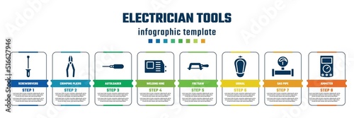 electrician tools concept infographic design template. included screwdrivers, crimping pliers, autoloader, welding hine, fretsaw, urinal, gas pipe, ammeter icons and 8 steps or options.
