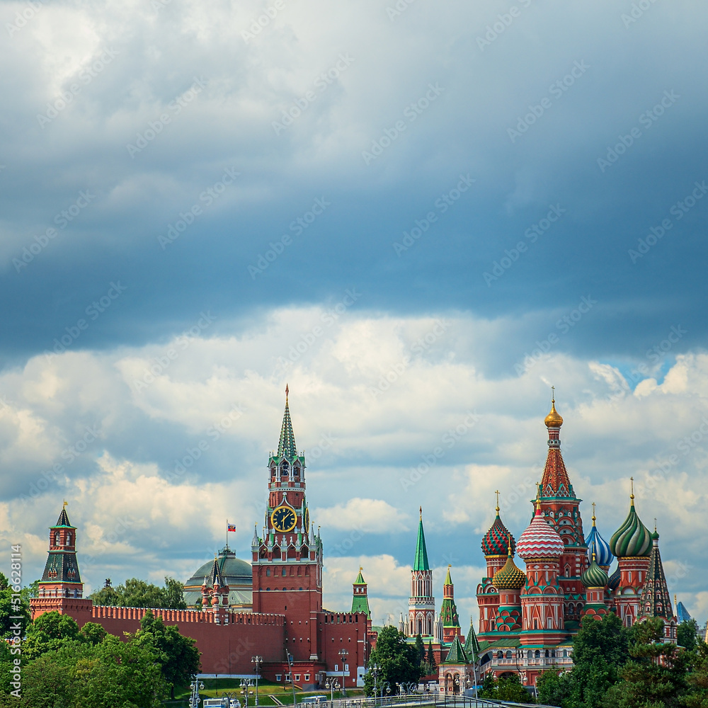 St. Basil's Cathedral and Kremlin Walls and Tower in Red square.