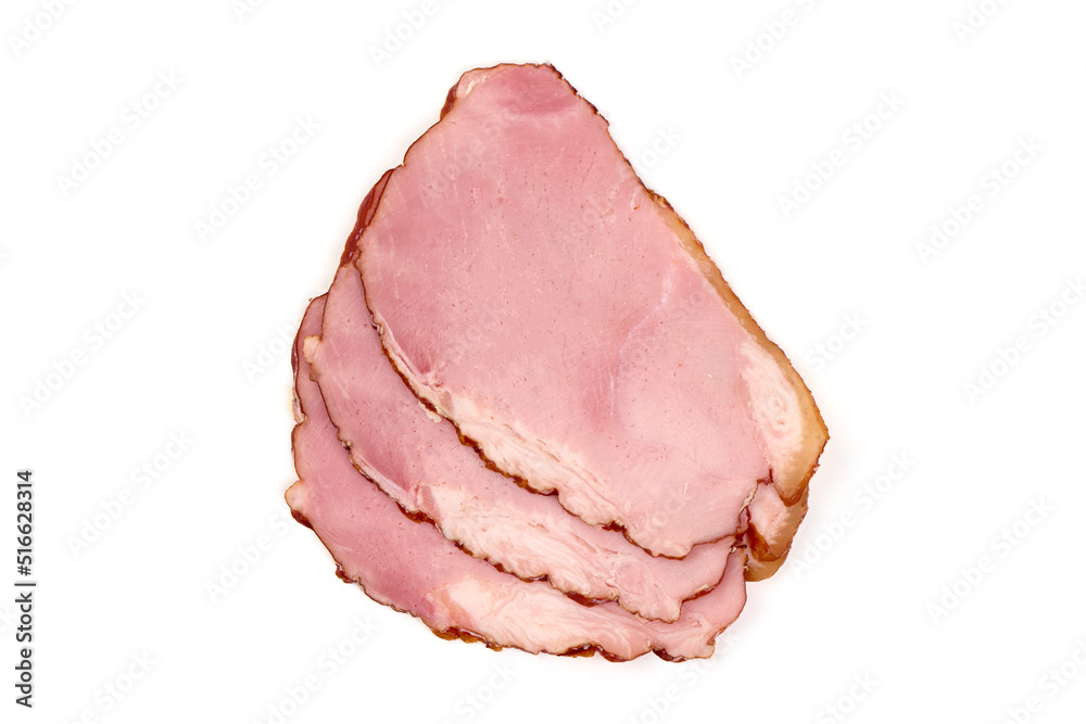 Sliced smoked pork loin, isolated on white background. Sliced smoked pork loin, isolated on white background.