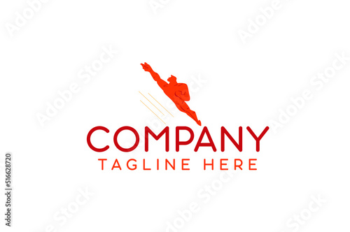 one strong superhero character moving fast in the air company logo design