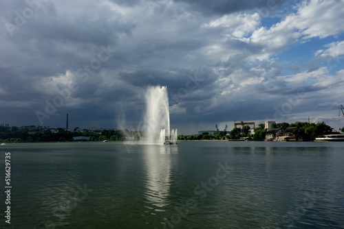 lake ciuperca romania tulcea with astonishing artesian fountain in sunset light