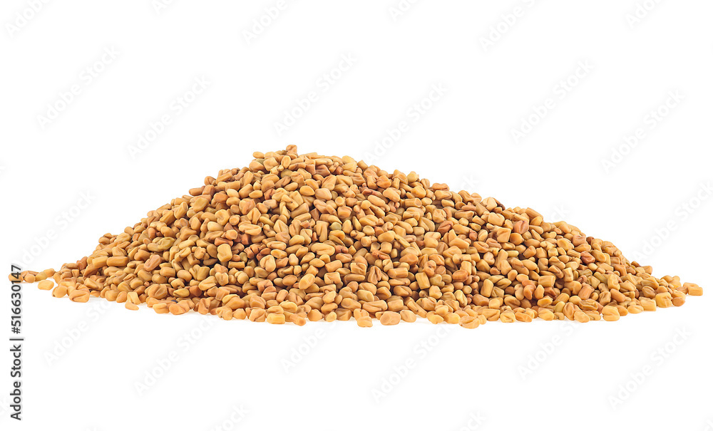 Pile of fenugreek seeds spice isolated on a white background. Methi Dana. Pile of fenugreek seeds spice isolated on a white background. Methi Dana.