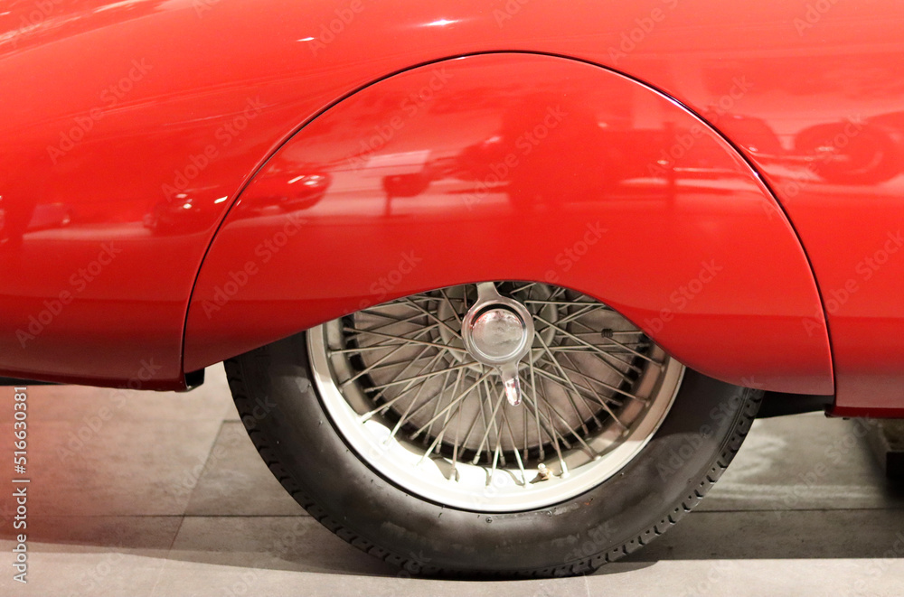 Retro car's wheel close up photo. Wheel of vintage automobile. 