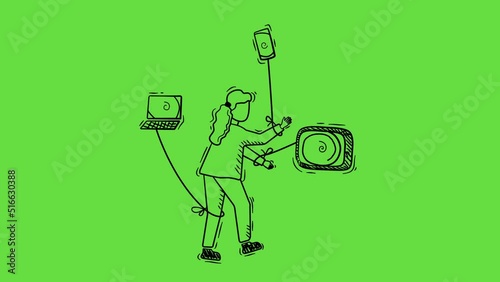 4k video of one girl connected to the technologies in doodle style.