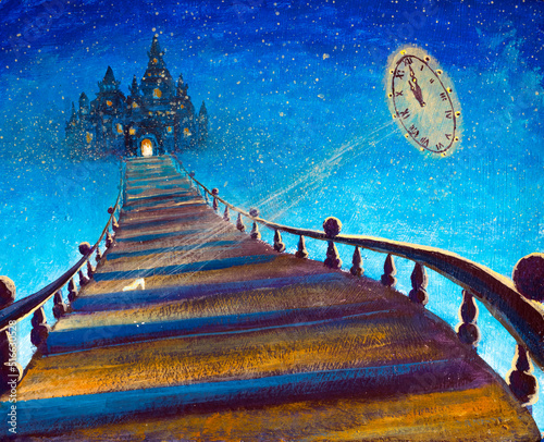 Bilde på lerret Fairy tale illustration of the road from the castle, midnight clock and magic shoe for Cinderella acrylic painting