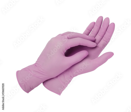 Medical gloves. Two pink surgical gloves isolated on white background with hands. Rubber glove manufacturing, human hand is wearing a latex glove. Doctor or nurse putting on protective gloves.