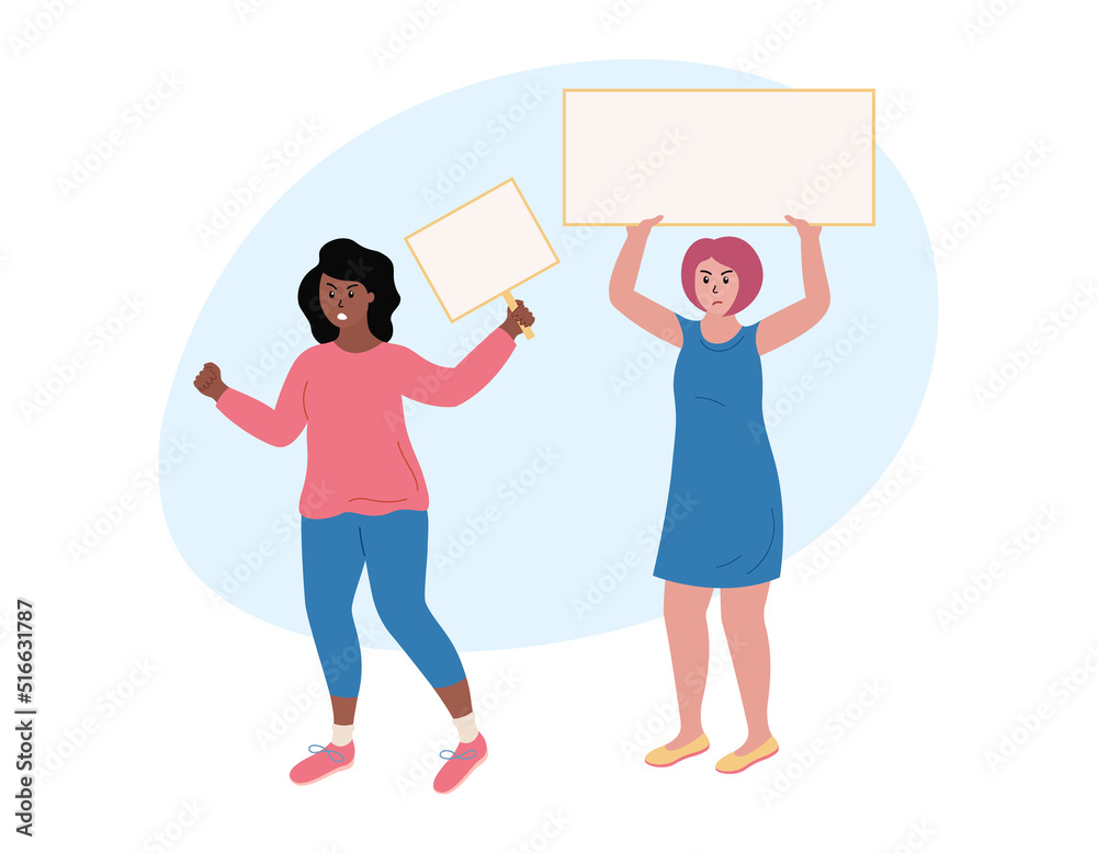 Women protest. Demonstration with placards templates. Angry girls holding blank protest posters in hands. African american woman shoutes and raises fist. Flat vector illustration Women protest. Demonstration with placards templates. Angry girls holding blank protest posters in hands. African american woman shoutes and raises fist. Flat vector illustration