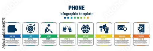 phone concept infographic design template. included raw file, taget, lonely, , lifeguard, strenght, addressee, no sound icons and 8 steps or options.