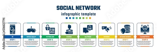 social network concept infographic design template. included no, virtual reality glasses, pattern lock, charged, followers, testimony, database security, teleconference icons and 8 steps or options.