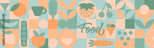 Food - set of geometric shapes, circles and squares drawn in flat cartoon vector. Fruits and vegetables in the modern trendy style of the 70s - apple, orange, lemon, cherry and peas.