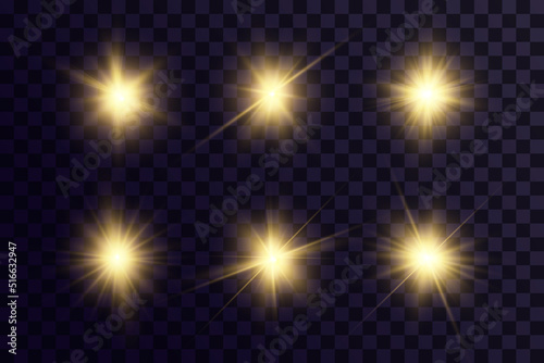 Shining golden stars. Light effects, glare, glitter, explosion, golden light. Vector illustration.