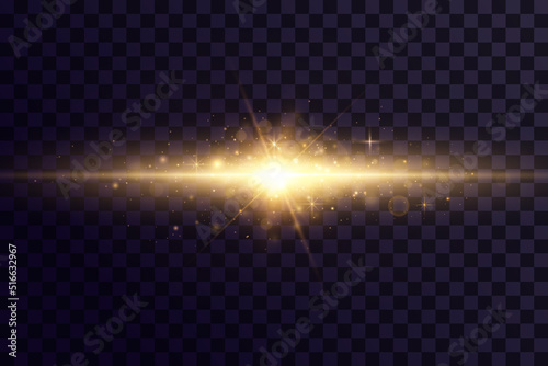 Shining golden stars. Light effects, glare, glitter, explosion, golden light. Vector illustration.
