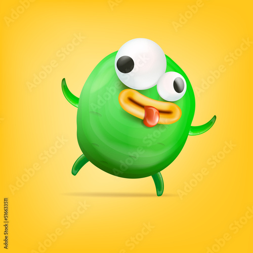 Vector cartoon funny green alien monster isolated on yellow background. Smiling silly green monster print sticker design template. Cute Ghost, troll, gremlin, goblin, devil and halloween monster