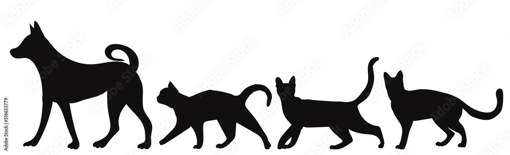 dog walking with cats silhouette isolated, vector